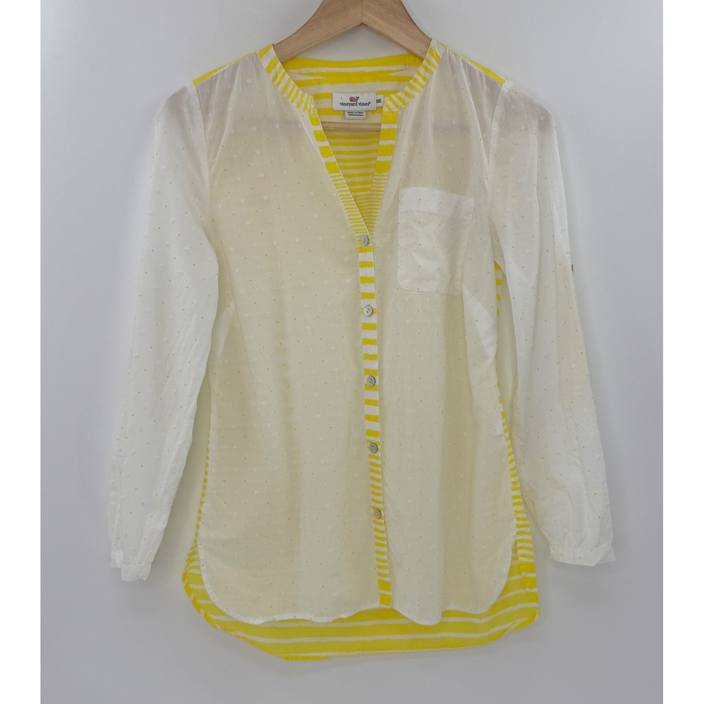 Vineyard Vines Cotton Button Shirt Long Sleeve Dot Blouse Roll Tab XXS Preppy‎